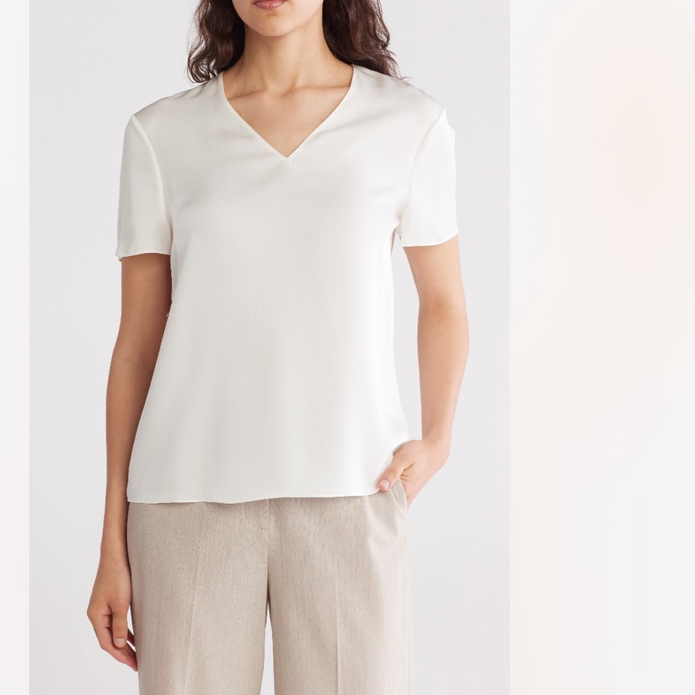 THEORY Minimal Silk V-Neck T-Shirt Elegant Ivory V-Neck Women's Top Sz S $215